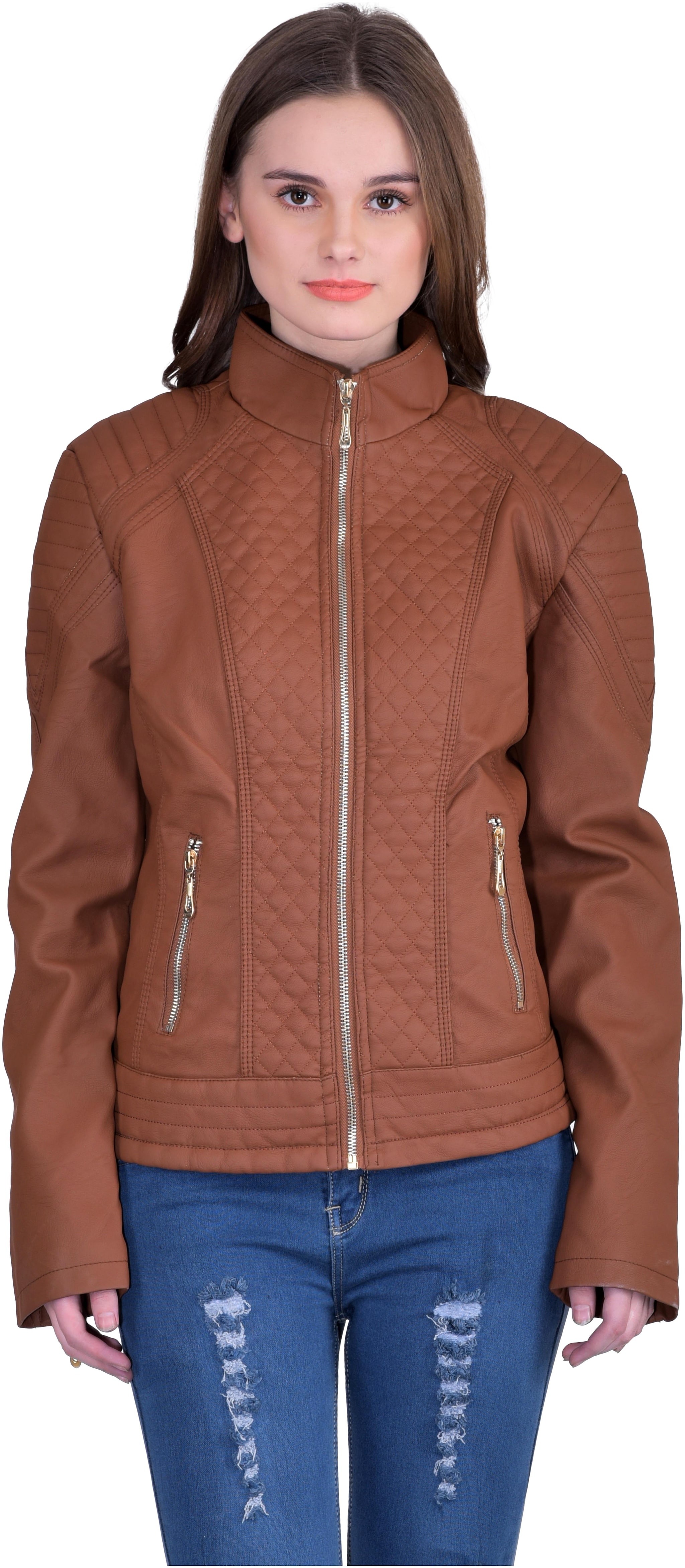 

SVTADA COLLECTION Women Solid Leather Jacket - Brown