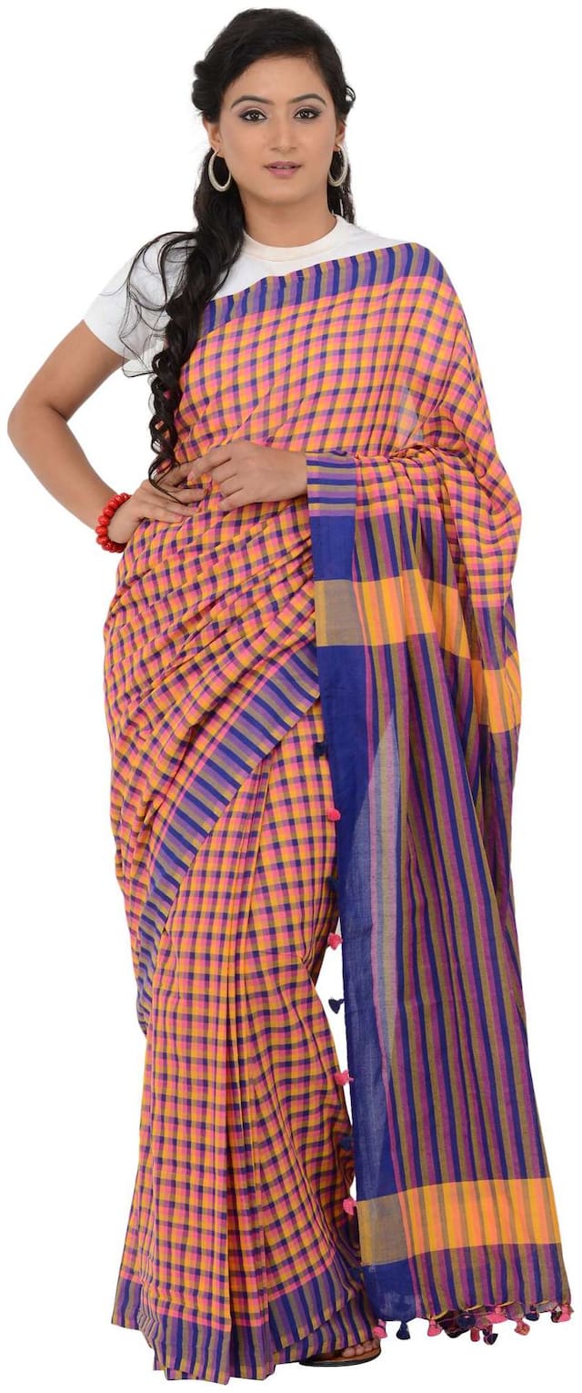 River Hill Bengal Handloom Soft Cotton Check Saree with  Blouse