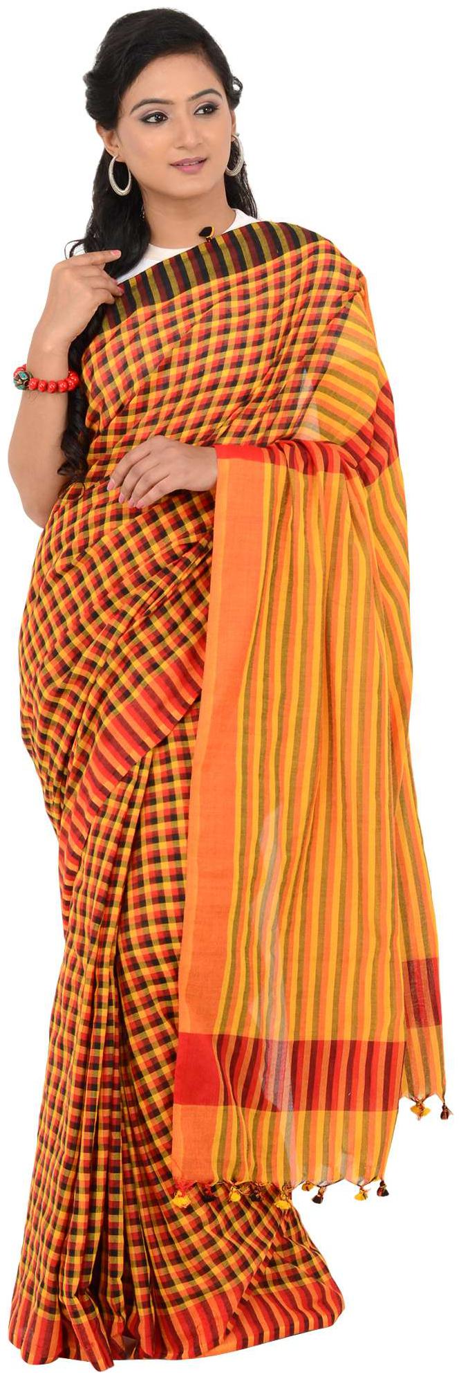 

River Hill Bengal Handloom Soft Cotton Check Saree with Blouse