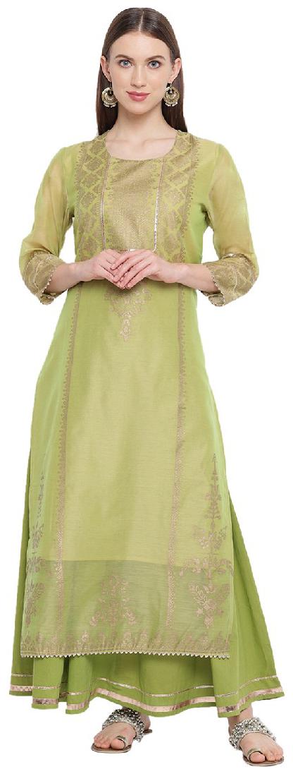 

RIVI Women Green Printed Regular Kurta With Skirt