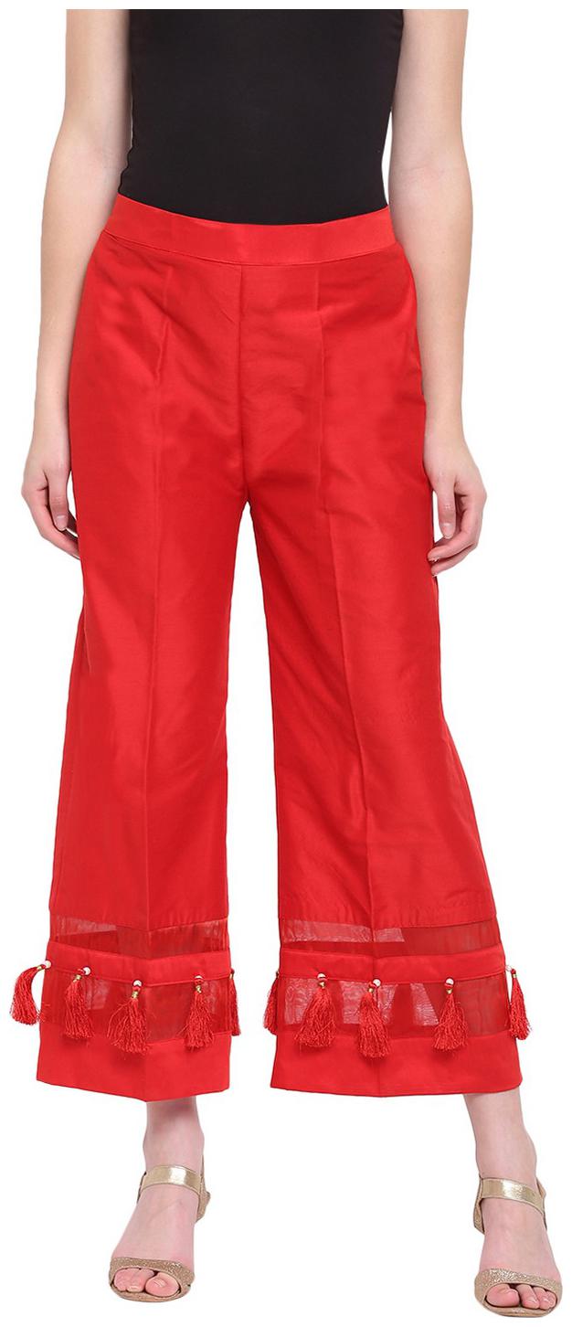 

RIVI Red Womens Silk Stripe Tassles Flare Palazzo Trouser