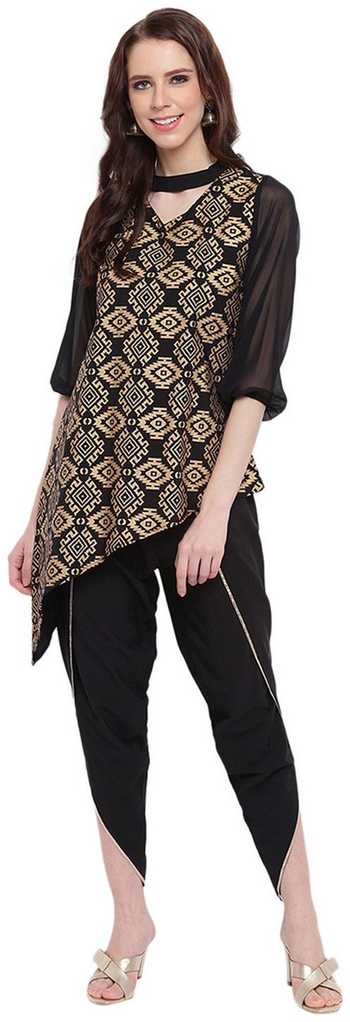 

RIVI Women Black Printed Asymmetric Kurta With Dhoti Pants
