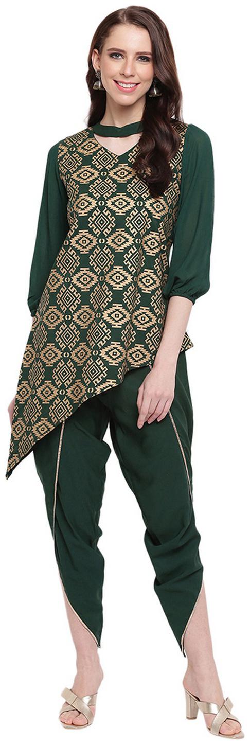 

RIVI Women Green Printed Asymmetric Kurta With Dhoti Pants