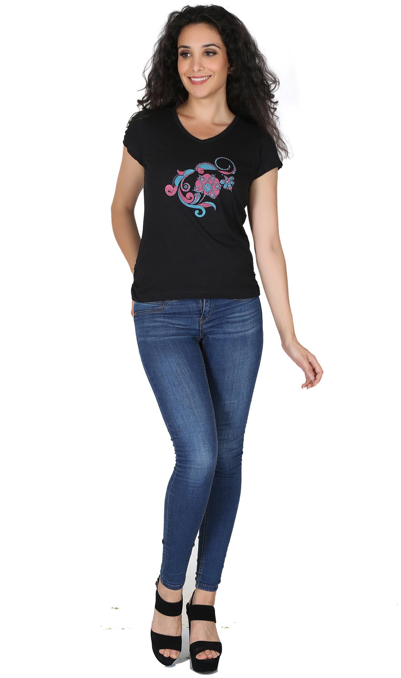 

RJP Women Black Slim fit V neck Cotton T shirt