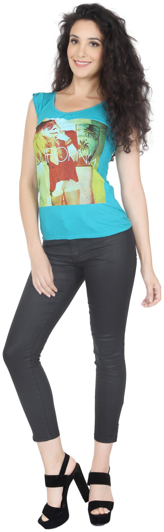 

RJP Women Turquoise Slim fit Round neck Cotton T shirt