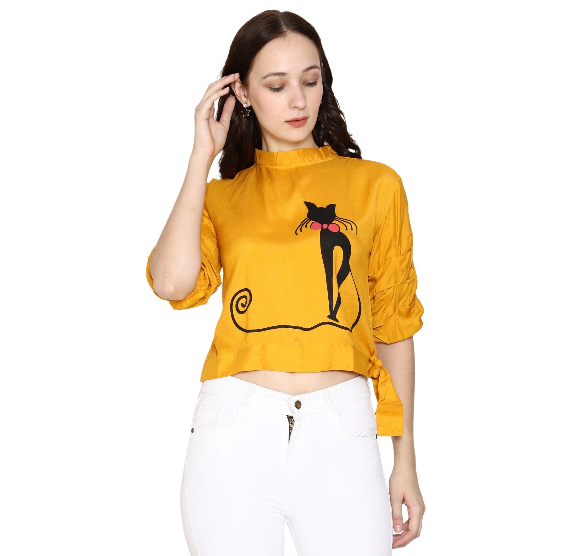

Romile Viscose Rayon Printed Mustard Regular Top For Women