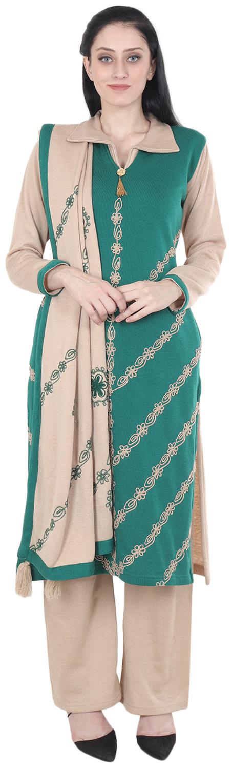 

Rosary 3 pc Set Of Winter Wear Woolen Kurta Palazzo And Heavy Wool Stole Green