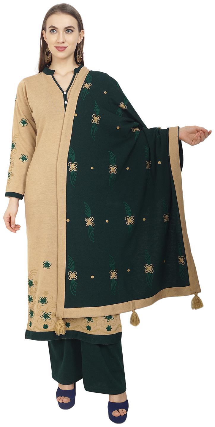 

Rosary Women s Latest Winter Wear Woolen Straight Embroidered Kurti With Palazzo Dupatta 3pcs Set (Beige Green)