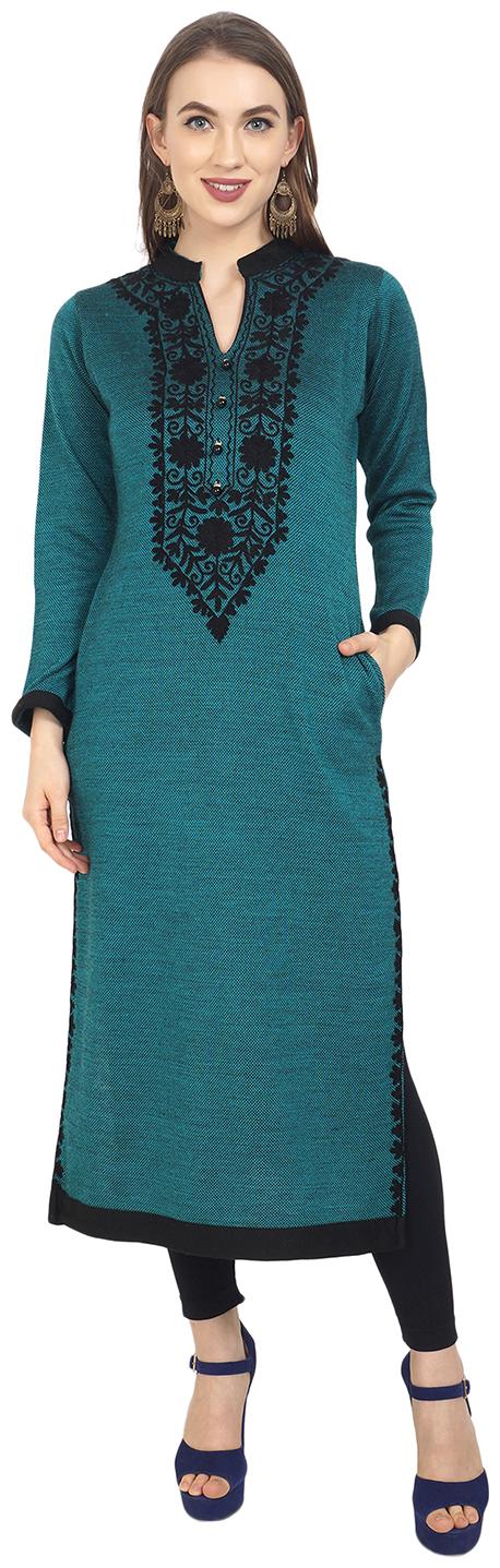 

ROSARY Women Turquoise Embroidered Straight Kurti