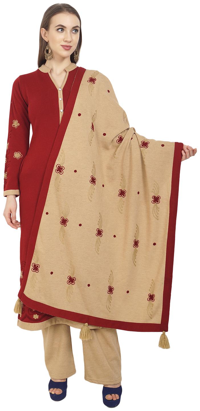 

Rosary Women s Latest Winter Wear Woolen Straight Embroidered Kurti With Palazzo Dupatta 3pcs Set (Maroon Beige)