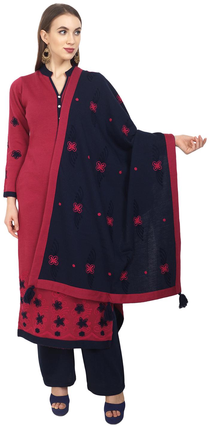 

Rosary Women s Latest Winter Wear Woolen Straight Embroidered Kurti With Palazzo Dupatta 3pcs Set (Pink Navy Blue)