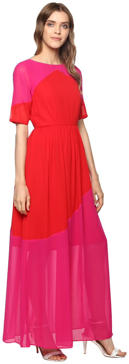 

Roving Mode Red Pink Colorblocked Maxi dress