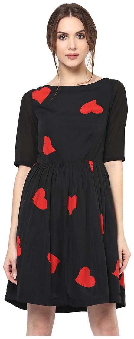 

Roving Mode Black Printed A-line dress