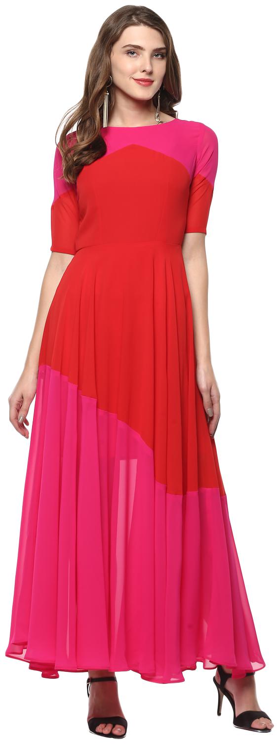 

Roving Mode Red Pink Colorblocked Maxi dress