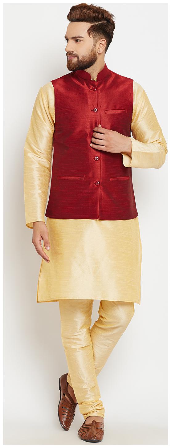 

Royal Heritage Dupion Silk Yellow Kurta Pyjama and Nehru Jacket set