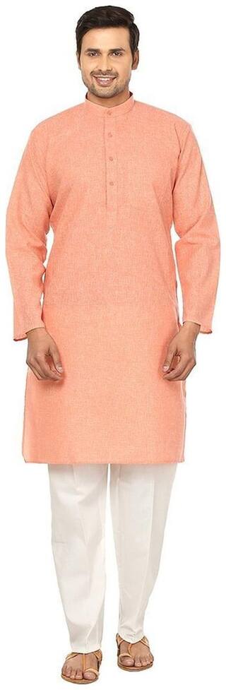 Royal Men's Light orange Linen Cotton Kurta Pyjama Set For Comfort Wear