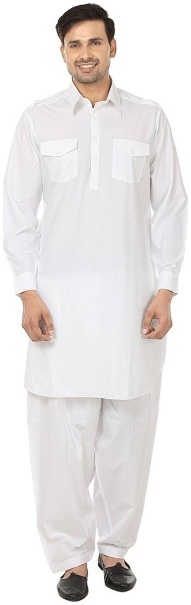 Royal White Cotton Blend Pathan Suit For Men