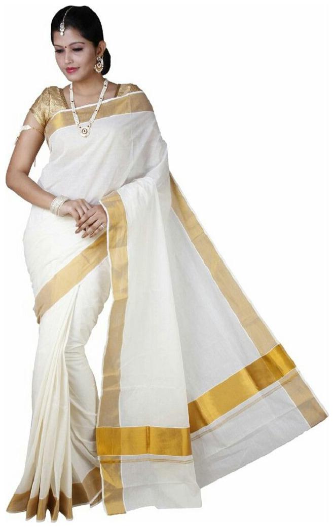

RSV FABRICS White Solid Kerala Kasavu Regular Saree With blouse