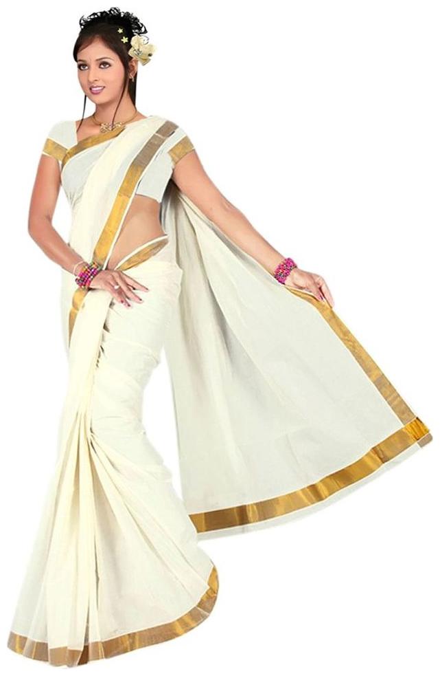 

RSV FABRICS White Striped Kerala Kasavu Regular Saree With blouse