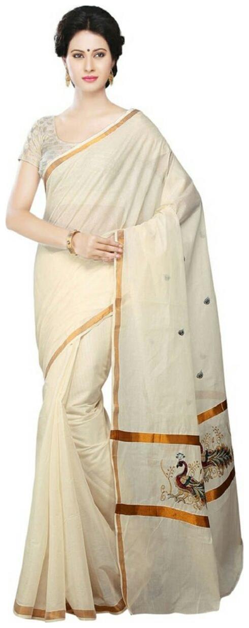 

RSV FABRICS Brown Striped Kerala Kasavu Regular Saree Without blouse