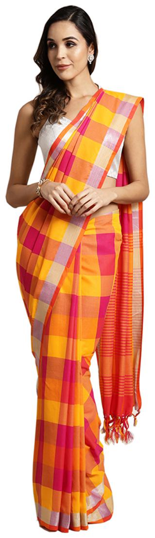

Ruchika Fashion Linen Yellow Checkered Regular Saree For Women
