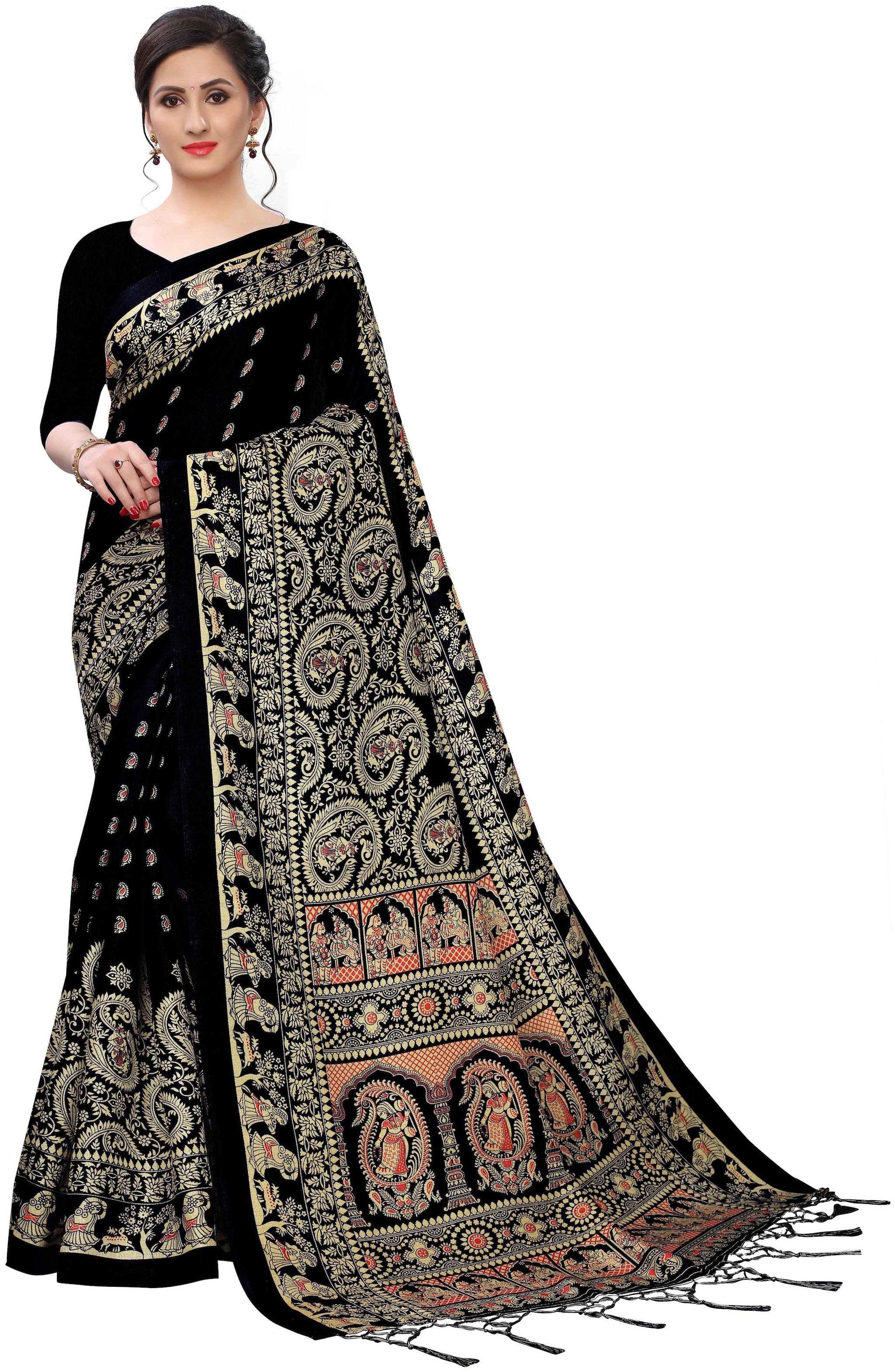 

Ruchika Fashion Khadi Black Printed Regular Saree For Women