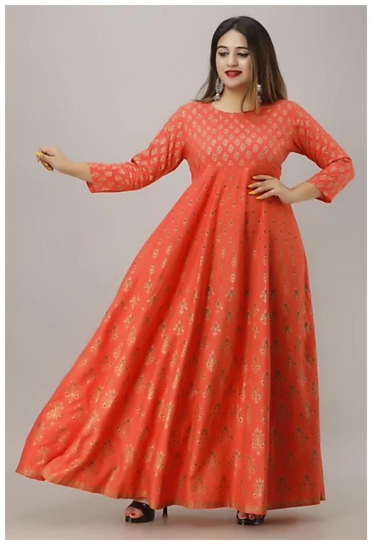 

Rudra Women Viscose Rayon Floral Orange Gown
