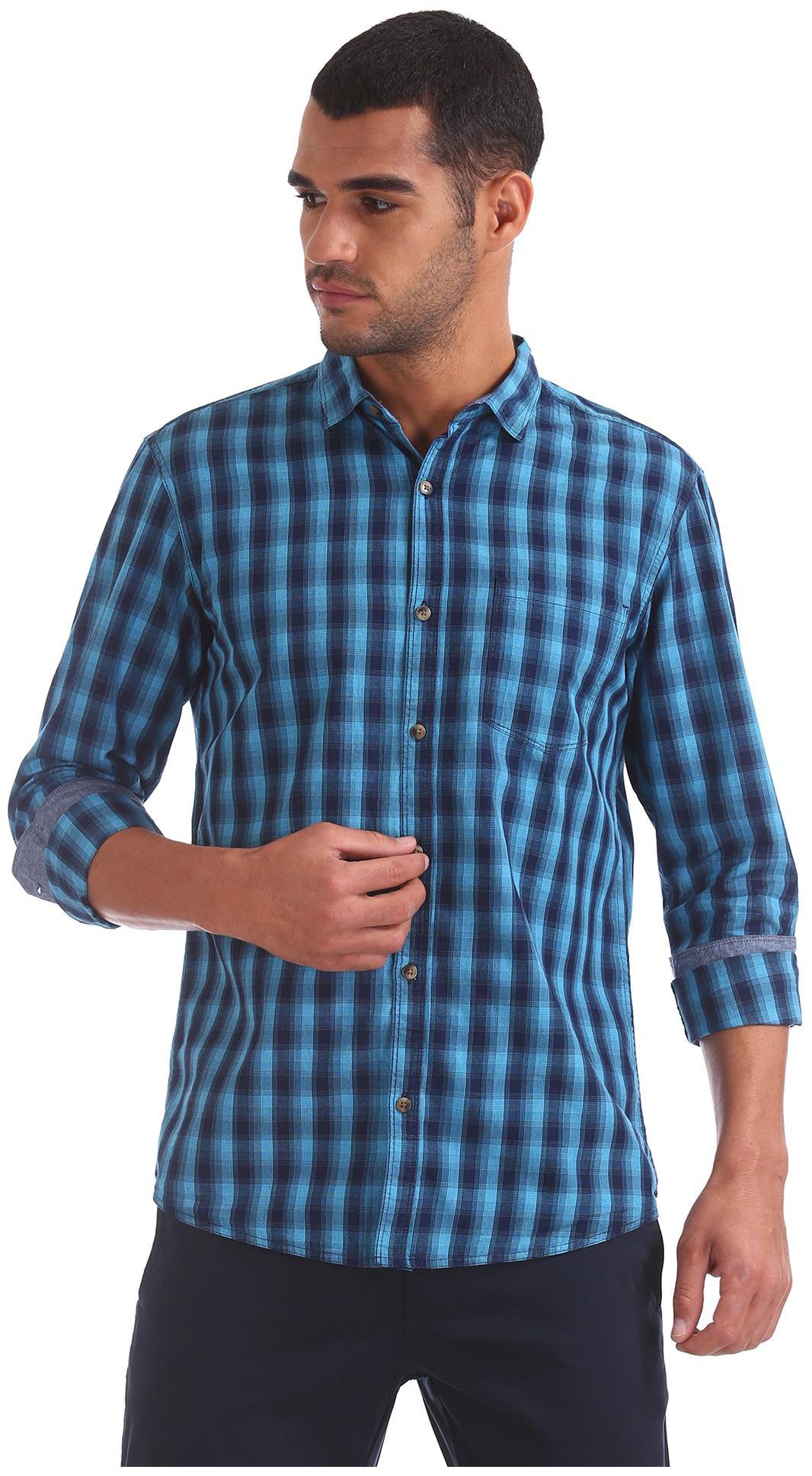

RUGGERS Men Blue Checked Regular Fit Casual Shirt