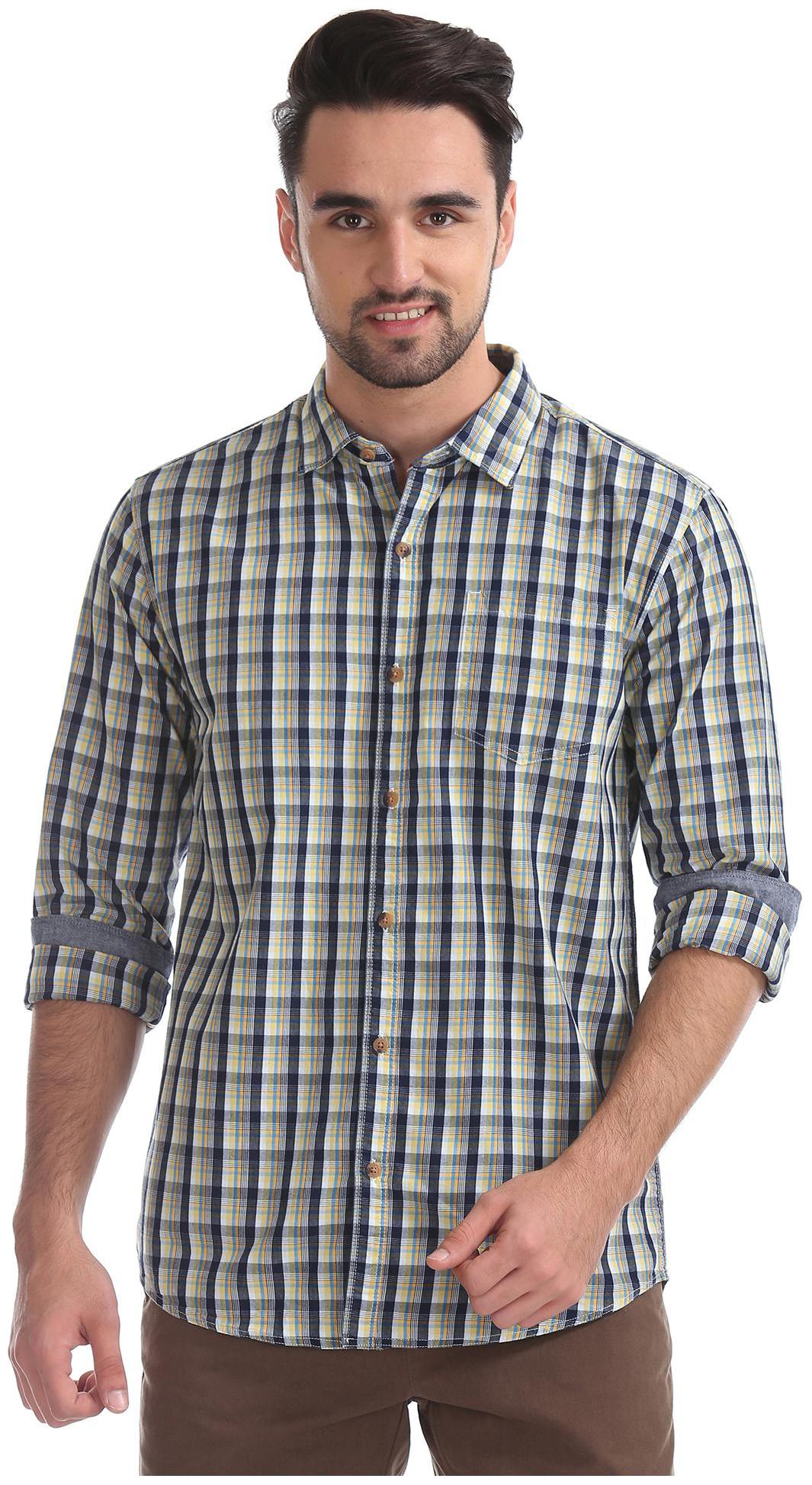 

RUGGERS Men Yellow Checked Regular Fit Casual Shirt