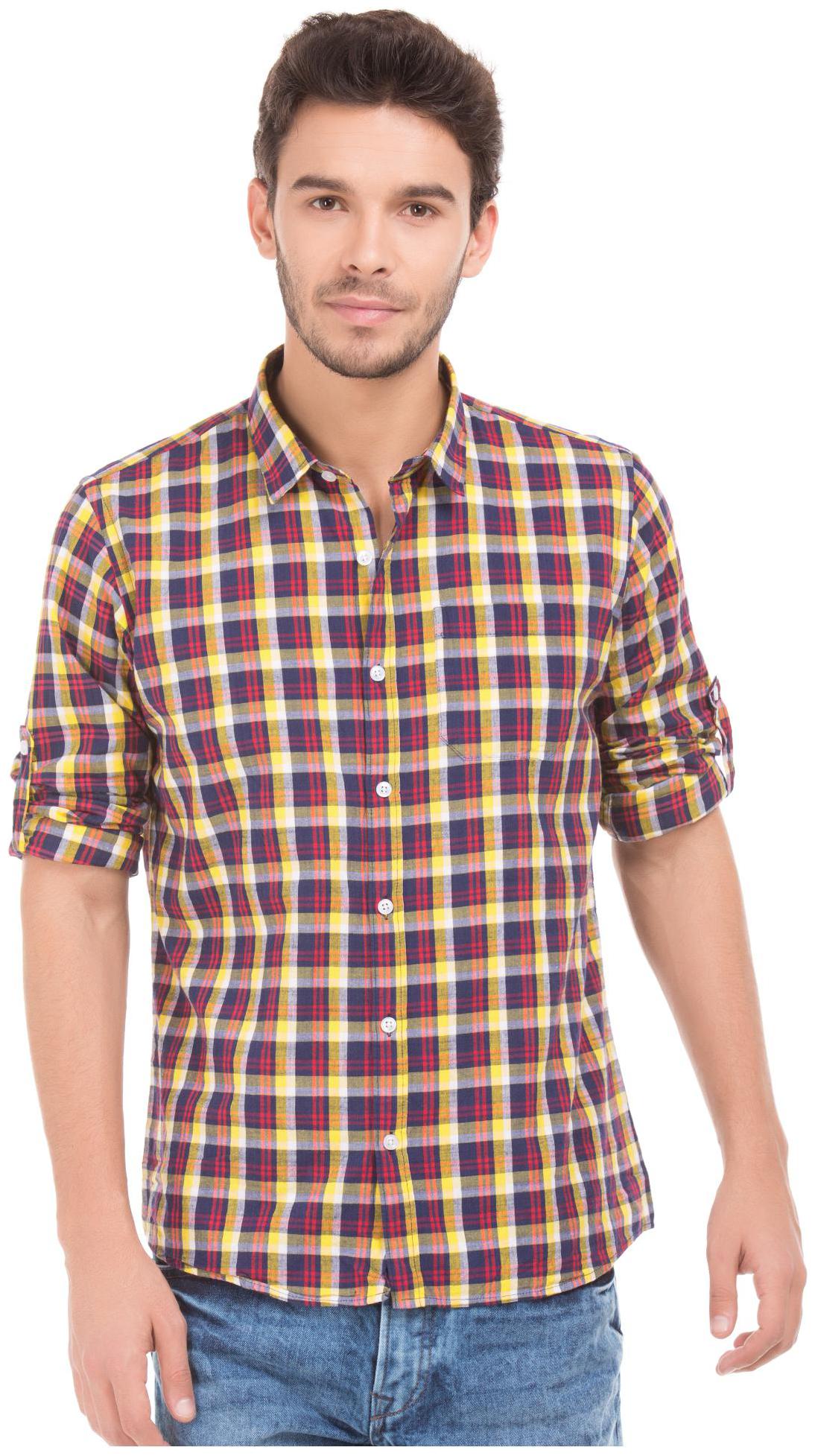

RUGGERS Men Yellow Checked Slim Fit Casual Shirt