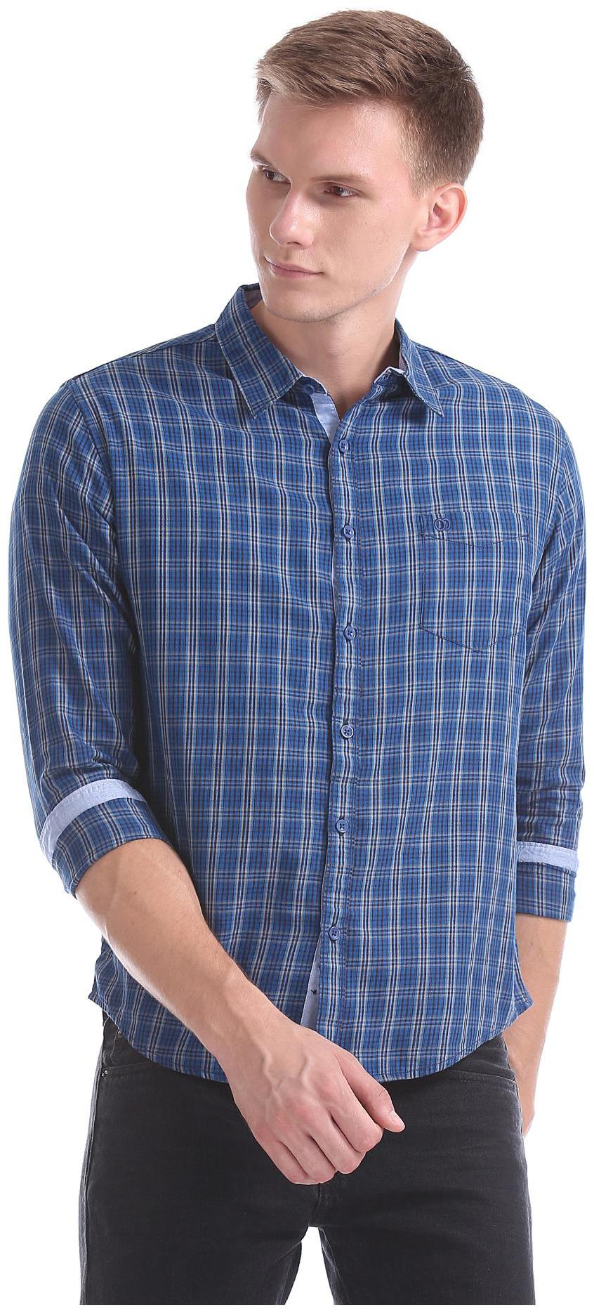 

RUGGERS Men Blue Checked Slim Fit Casual Shirt
