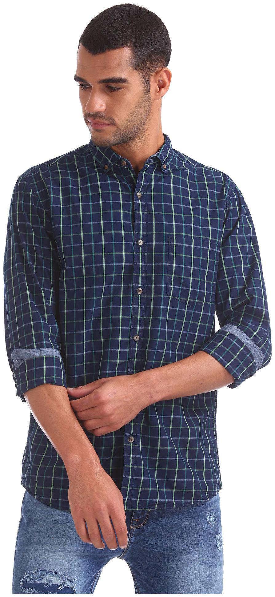 

RUGGERS Men Blue Checked Regular Fit Casual Shirt