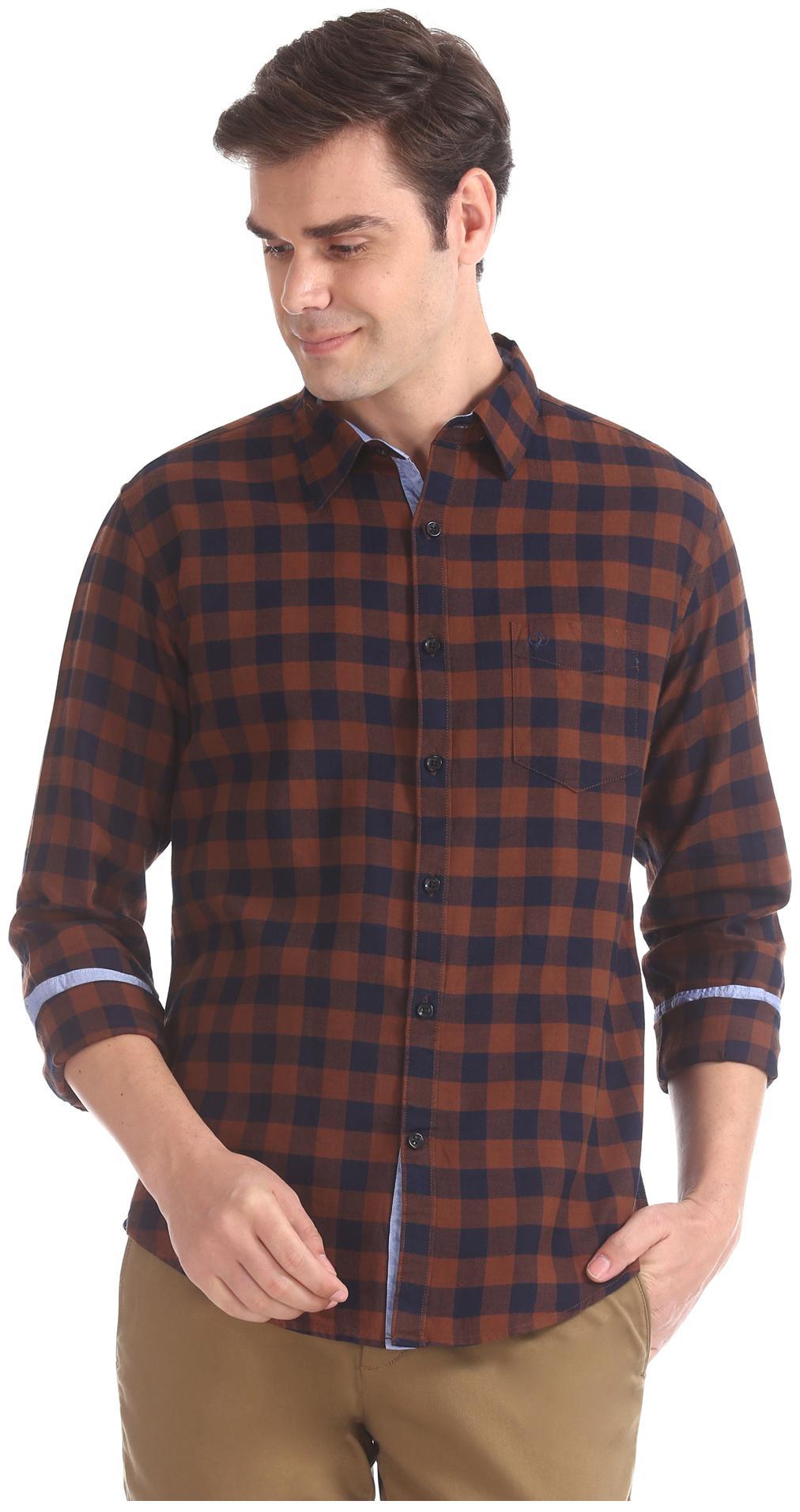 

RUGGERS Men Brown Blue Checked Slim Fit Casual Shirt
