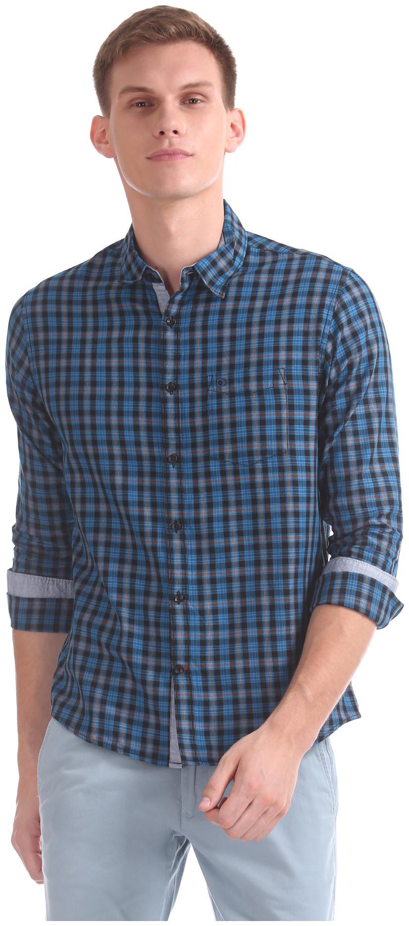 

RUGGERS Men Blue Checked Slim Fit Casual Shirt
