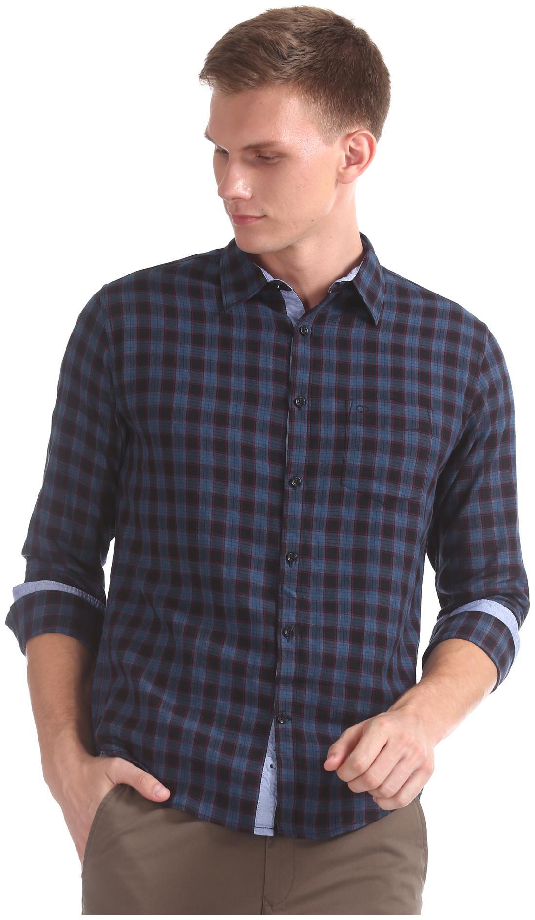 

RUGGERS Men Blue Checked Slim Fit Casual Shirt