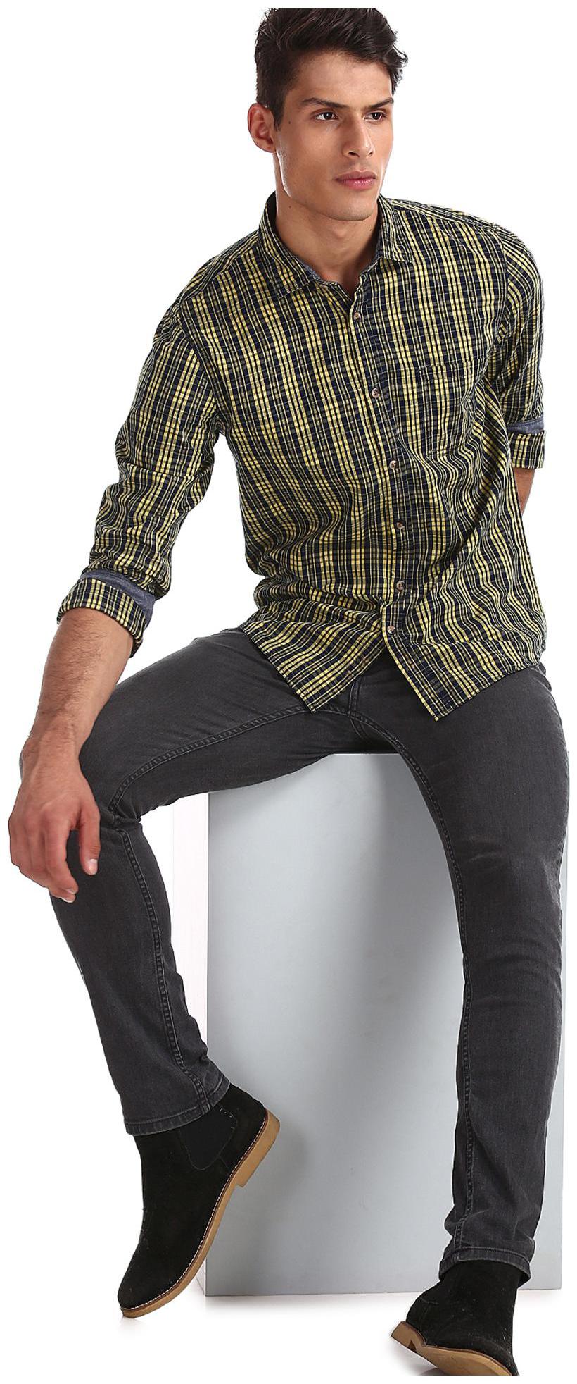 

RUGGERS Men Yellow Checked Regular Fit Casual Shirt