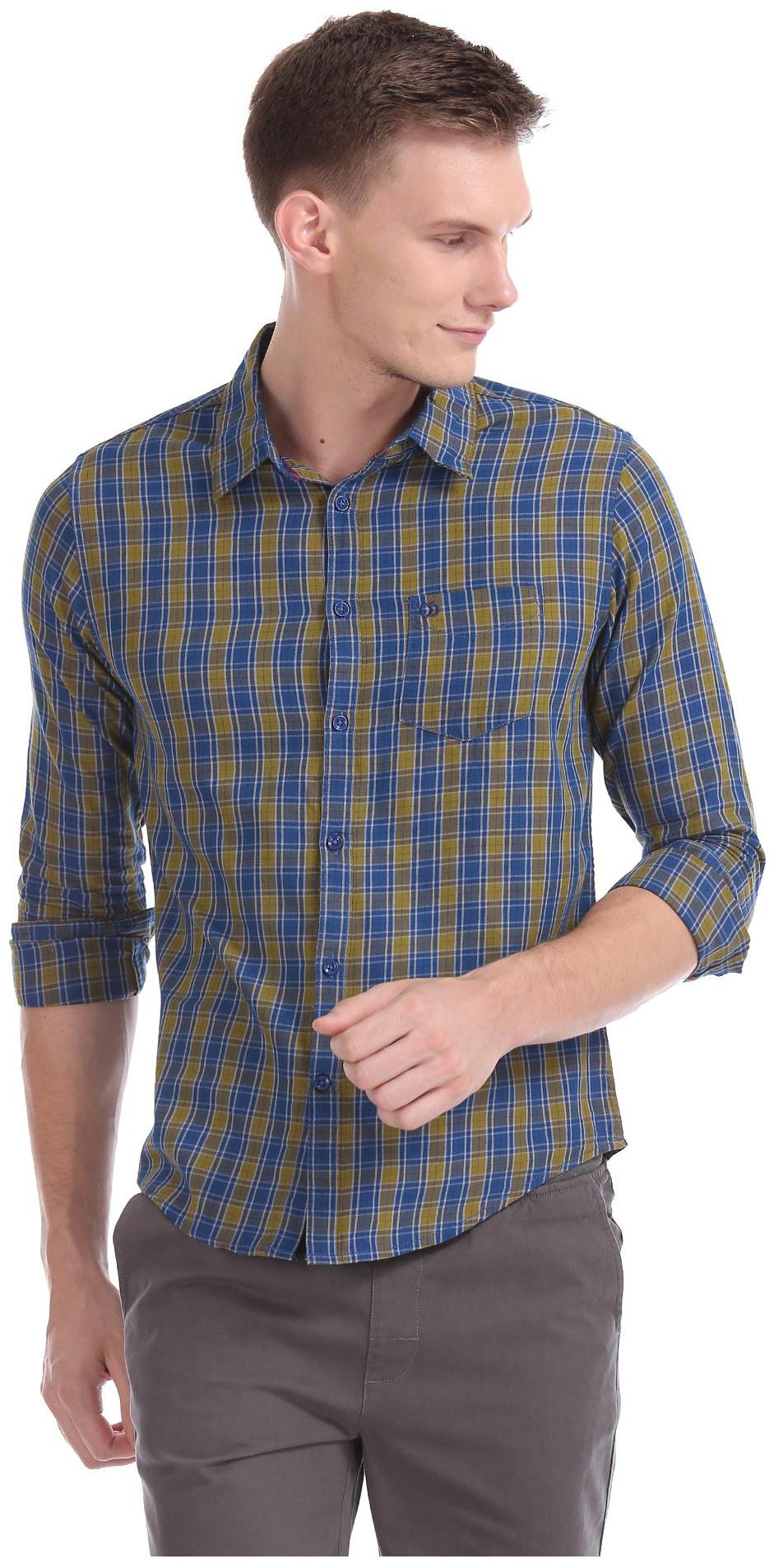 

RUGGERS Men Green Blue Checked Slim Fit Casual Shirt