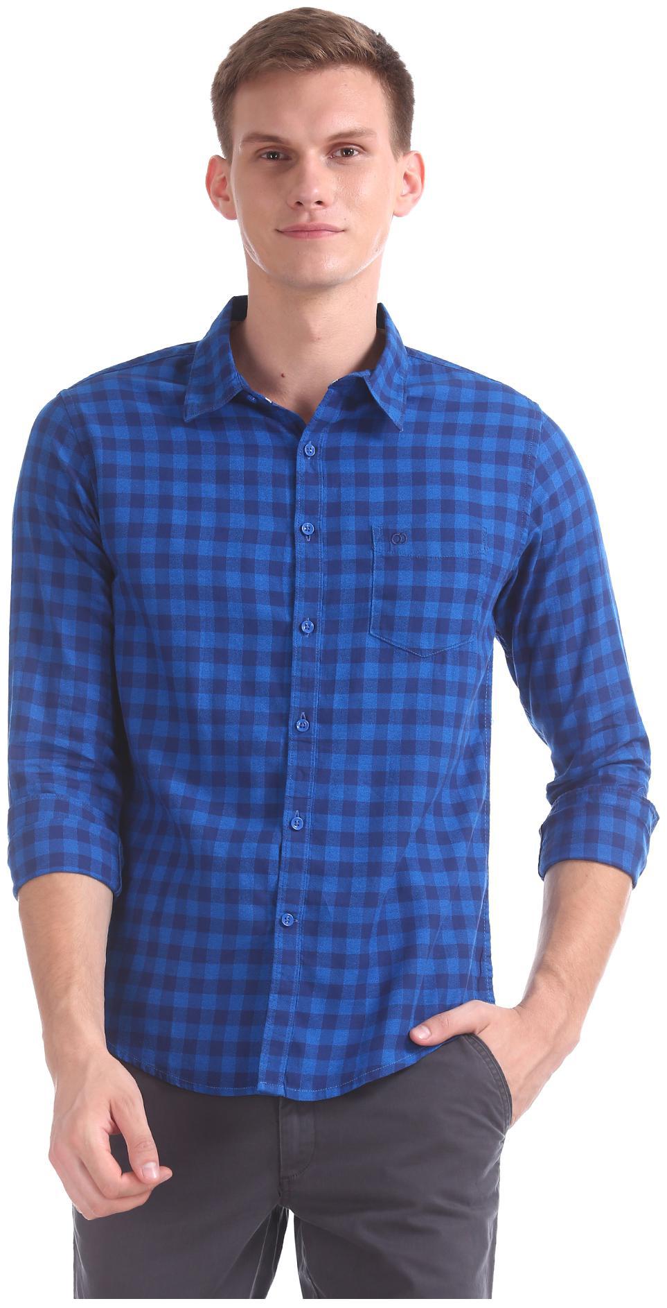 

RUGGERS Men Blue Checked Slim Fit Casual Shirt