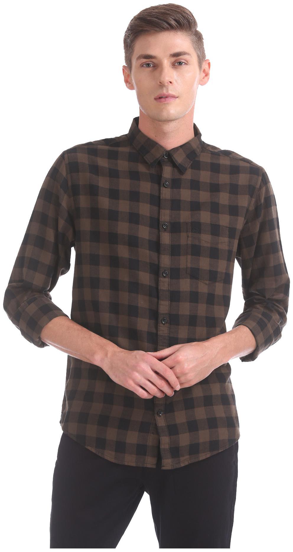 

RUGGERS Men Brown Checked Slim Fit Casual Shirt
