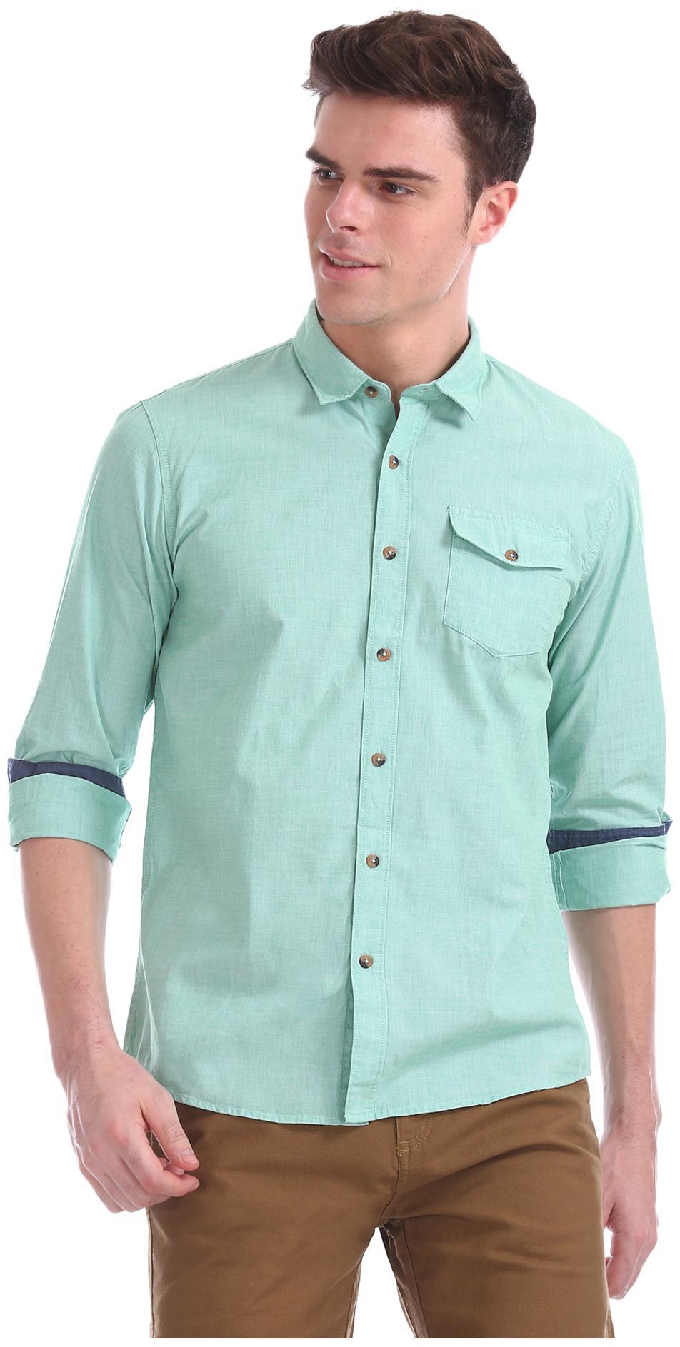 

RUGGERS Men Green Solid Regular Fit Casual Shirt