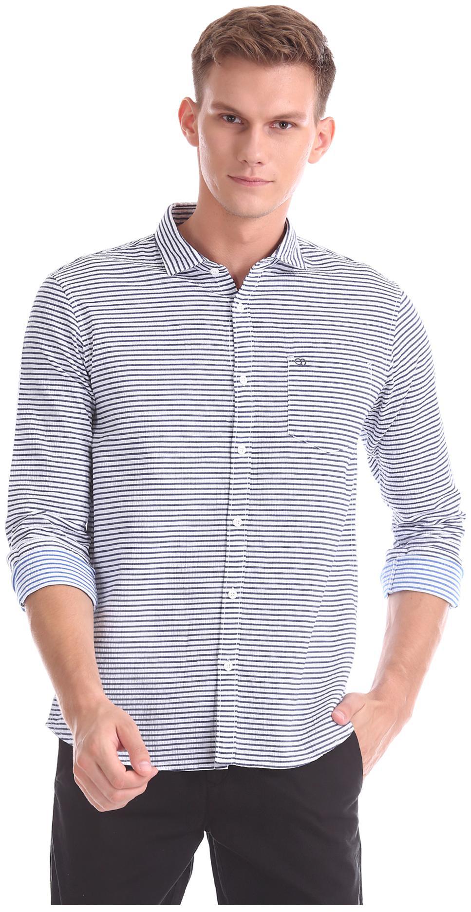 

RUGGERS Men Blue Horizontal Stripes Regular Fit Casual Shirt