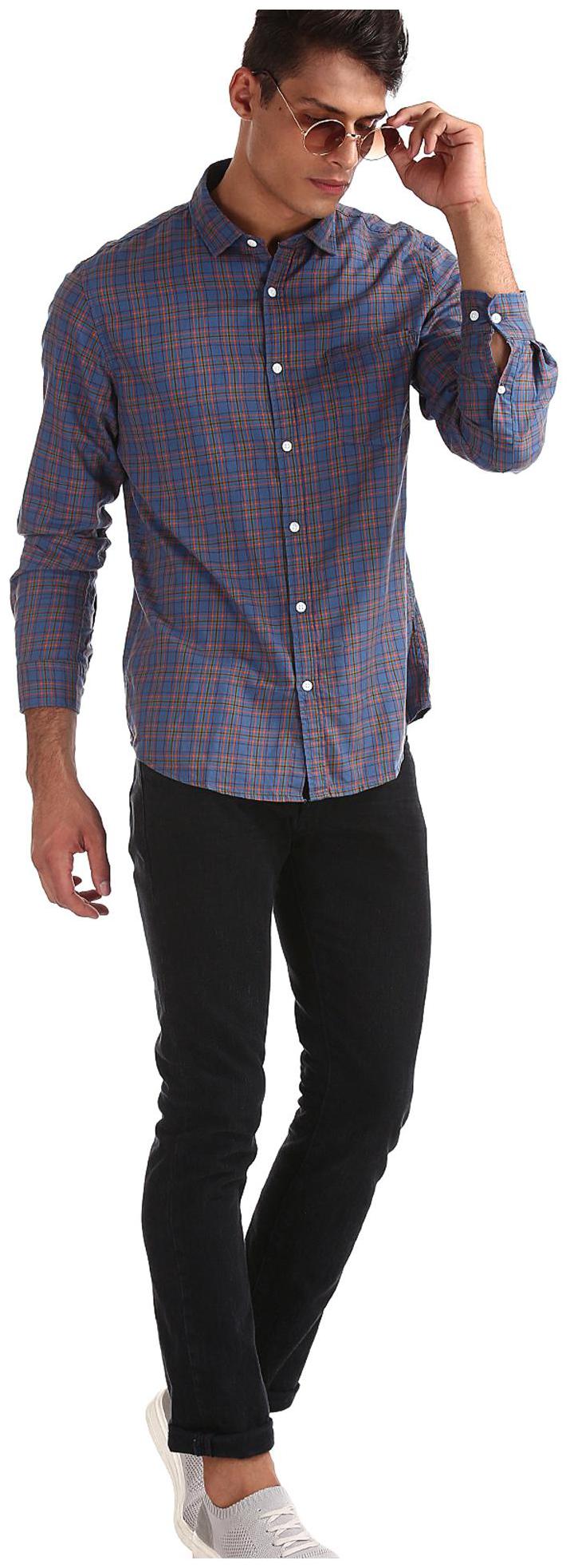 

RUGGERS Men Blue Checked Regular Fit Casual Shirt