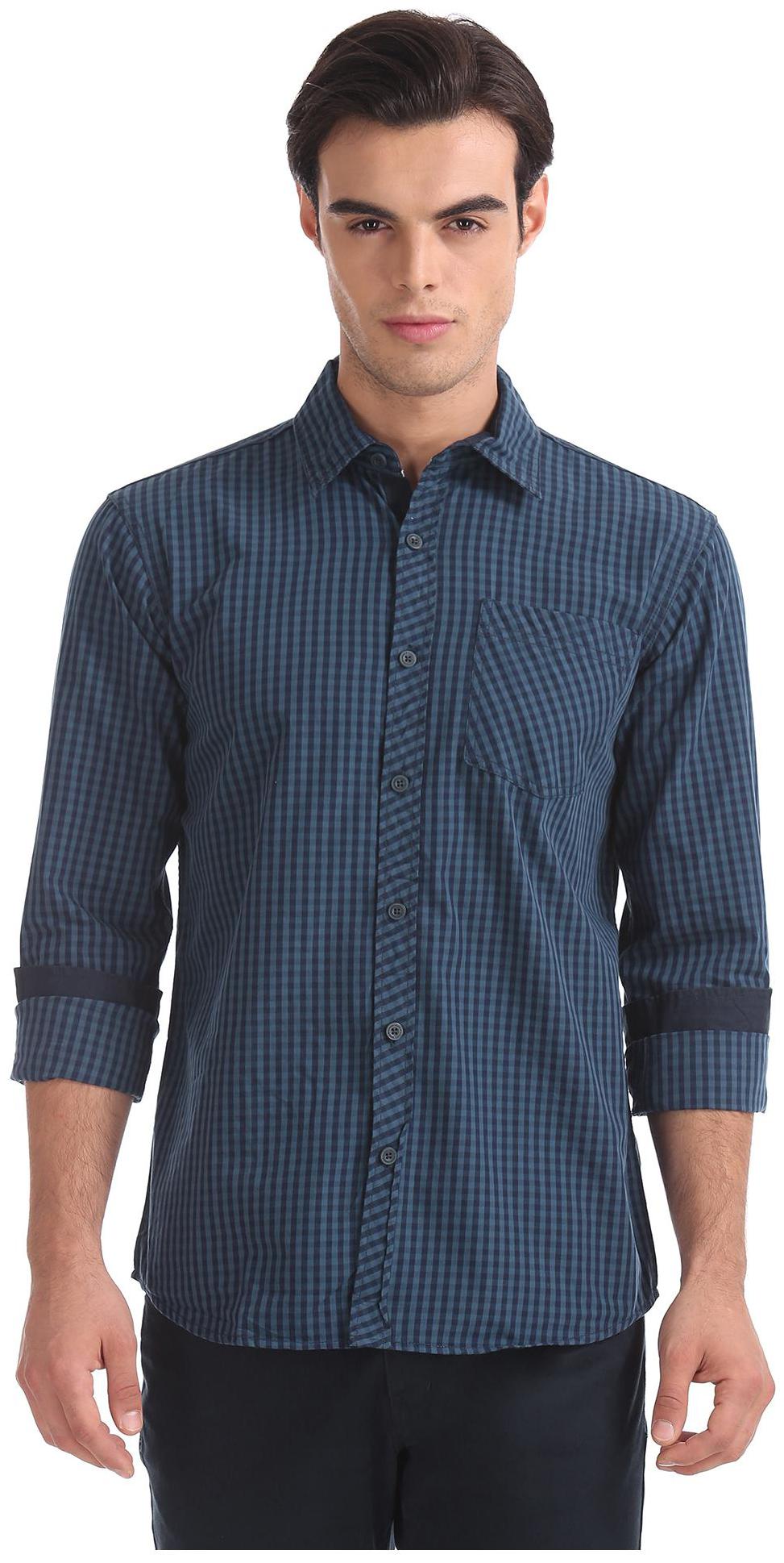 

RUGGERS Men Blue Checked Slim Fit Casual Shirt
