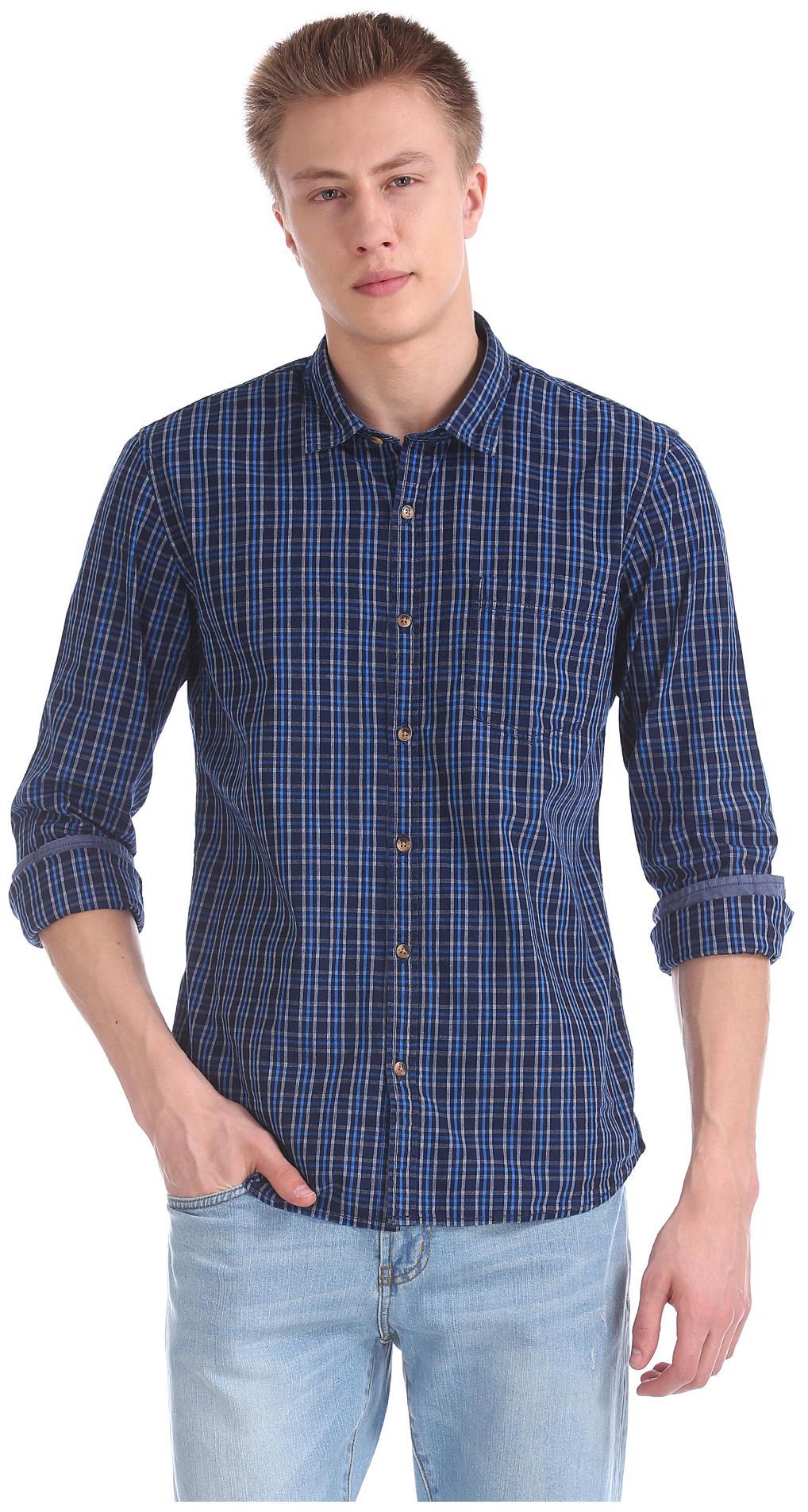 

RUGGERS Men Blue Checked Regular Fit Casual Shirt