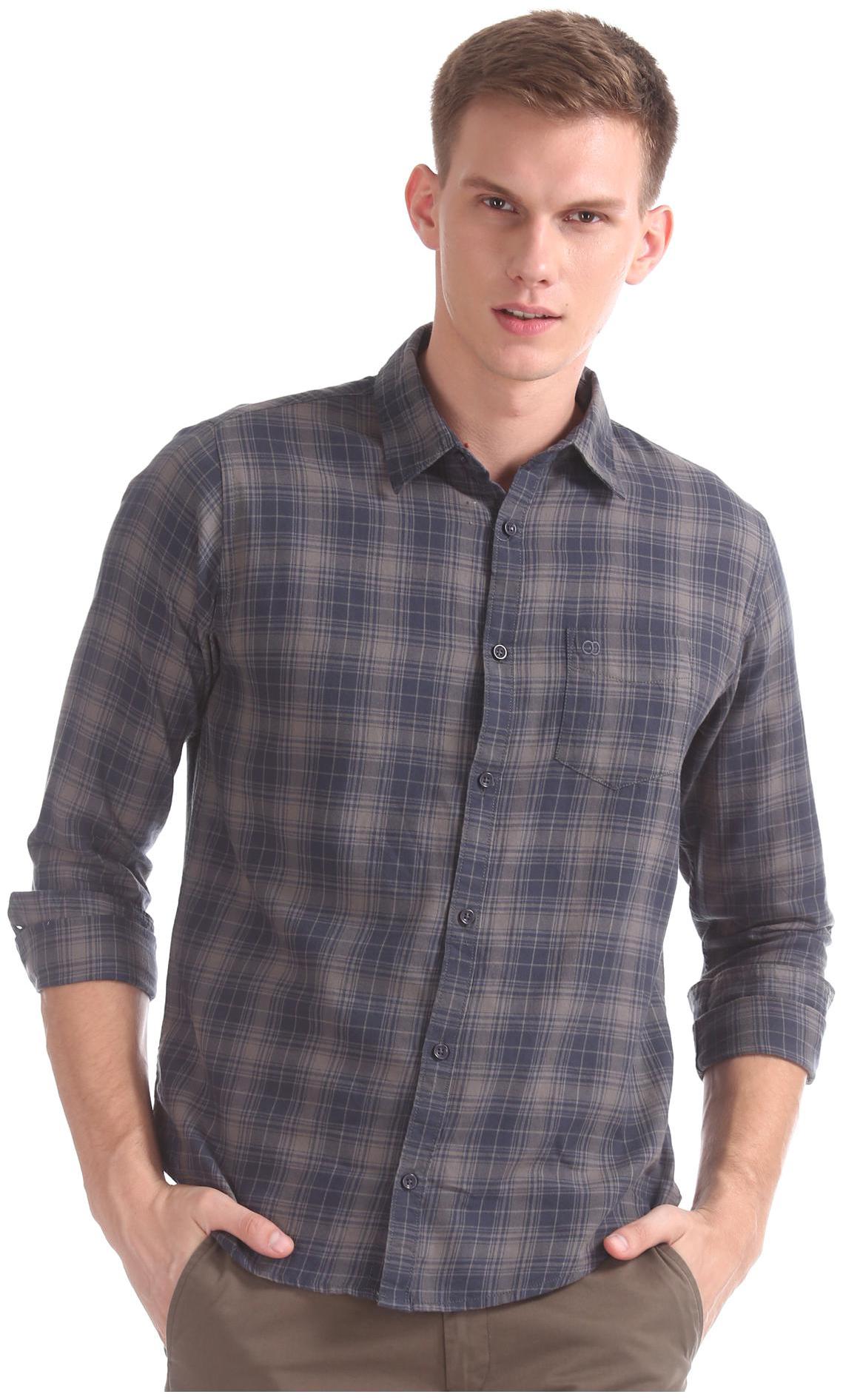 

RUGGERS Men Grey Blue Checked Slim Fit Casual Shirt