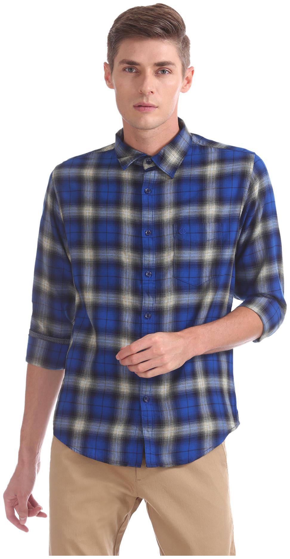 

RUGGERS Men Blue Checked Slim Fit Casual Shirt