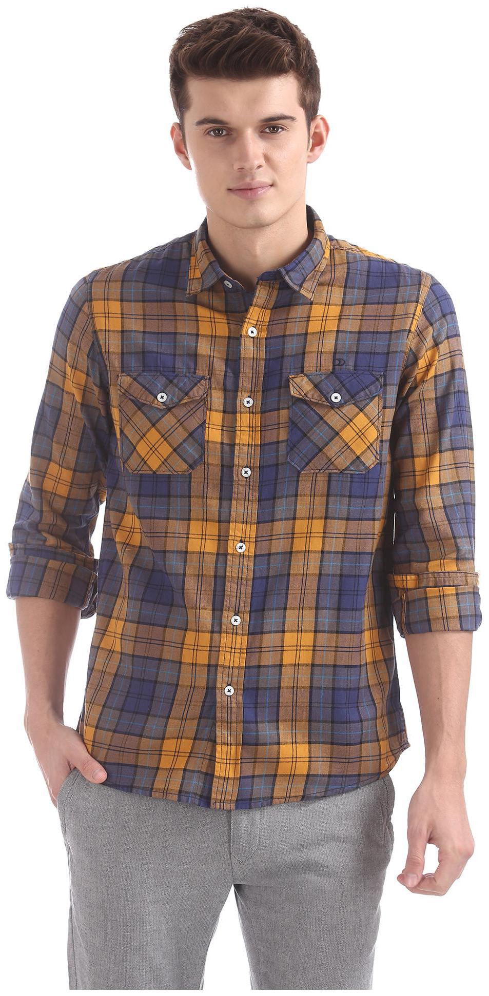 

RUGGERS Men Yellow Checked Regular Fit Casual Shirt