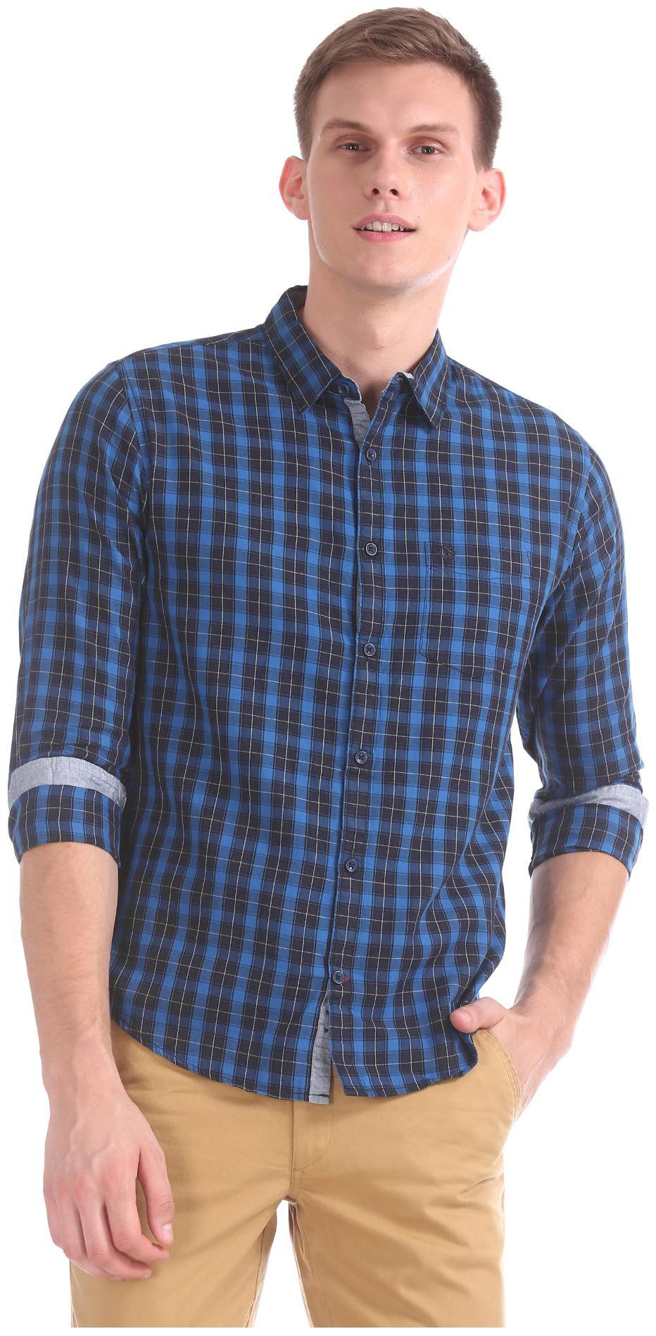 

RUGGERS Men Blue Checked Slim Fit Casual Shirt