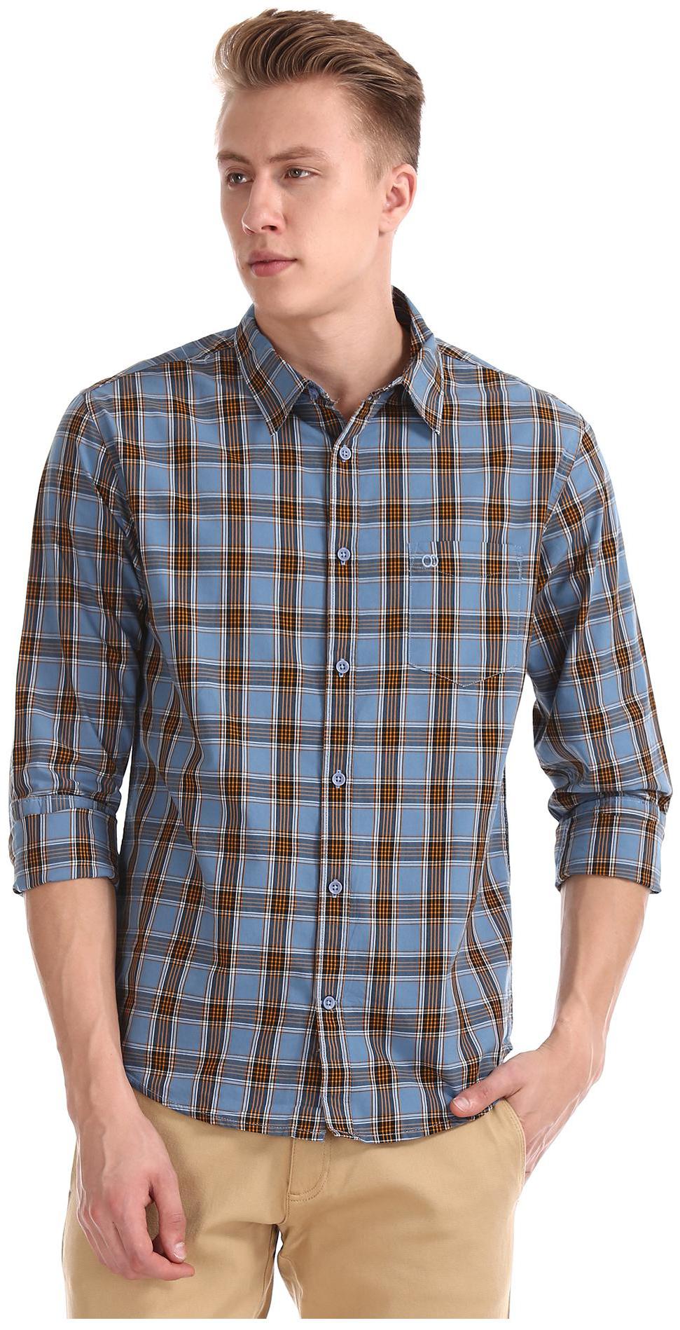 

RUGGERS Men Blue Checked Slim Fit Casual Shirt