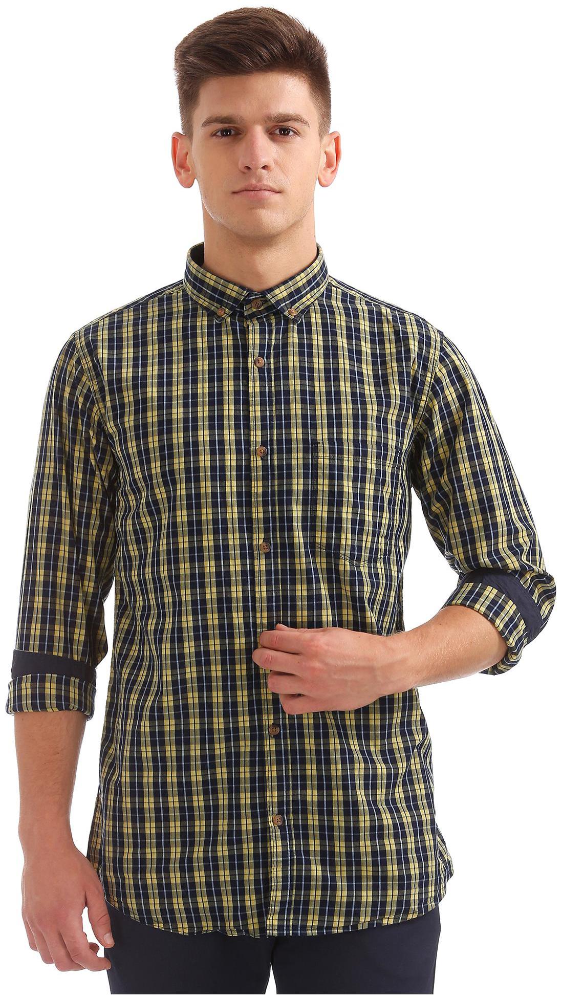 

RUGGERS Men Yellow Checked Regular Fit Casual Shirt
